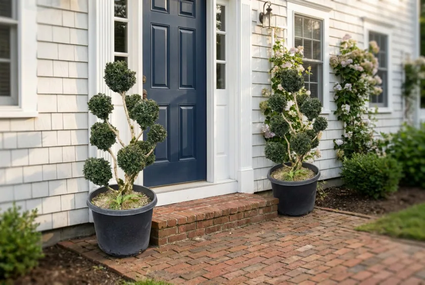 A pair of multi-stem live boxwood pom pom trees in pots flanking a navy front door