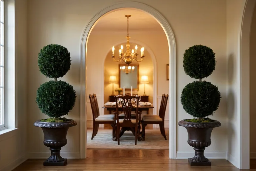 Two preserved double ball topiaries in bronze urns flanking an arched doorway to a dining room