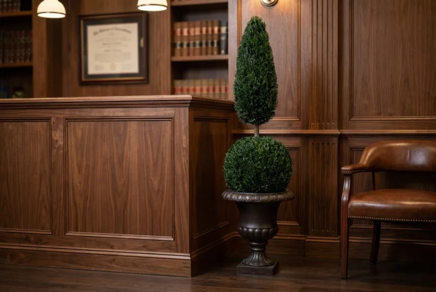 A preserved juniper ball and cone topiary in a bronze urn beside an office reception desk