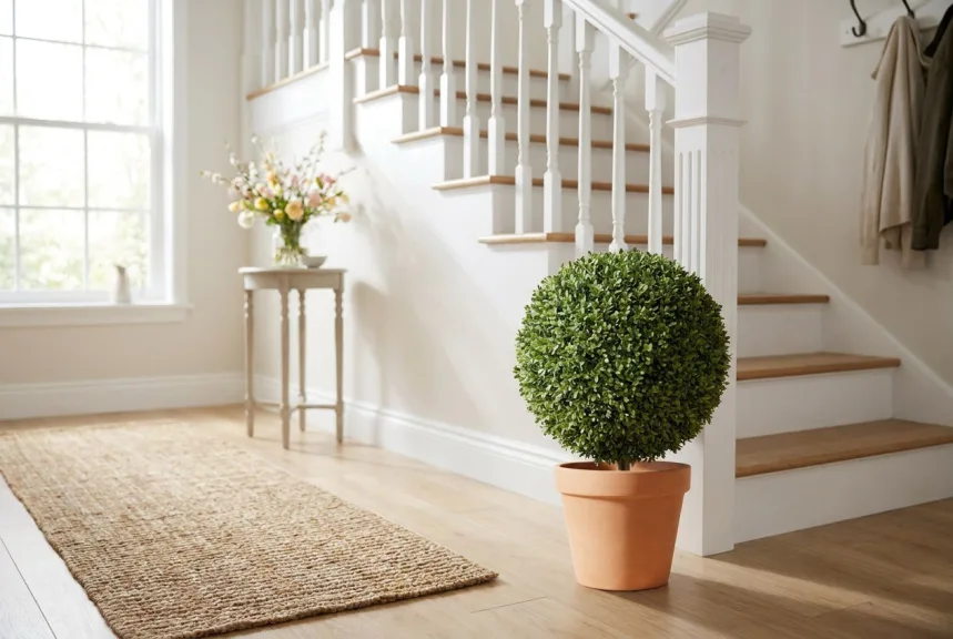 A preserved boxwood ball in a terracotta pot at the foot of a white staircase