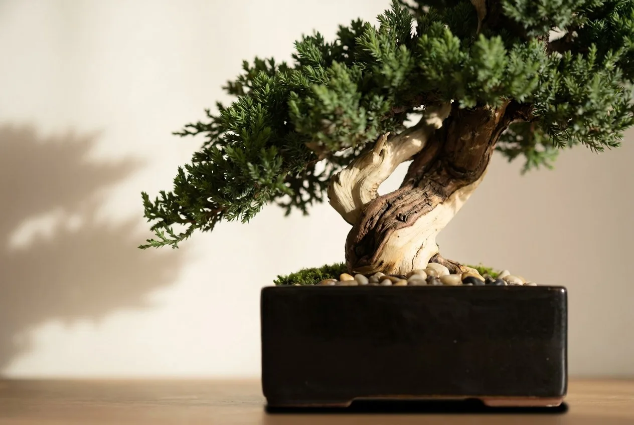 Close-up of the fork of a preserved juniper bonsai, showing pale exposed deadwood against aged bark and fine juniper needles