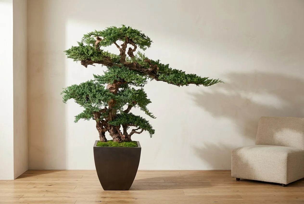 A six foot preserved juniper bonsai in a tall bronze planter standing on a wood floor beside a low linen armchair