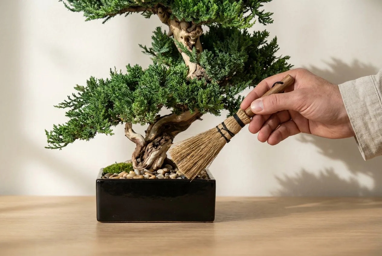 A hand sweeping the pebble surface of a preserved juniper bonsai with a traditional hemp-fibre bonsai brush