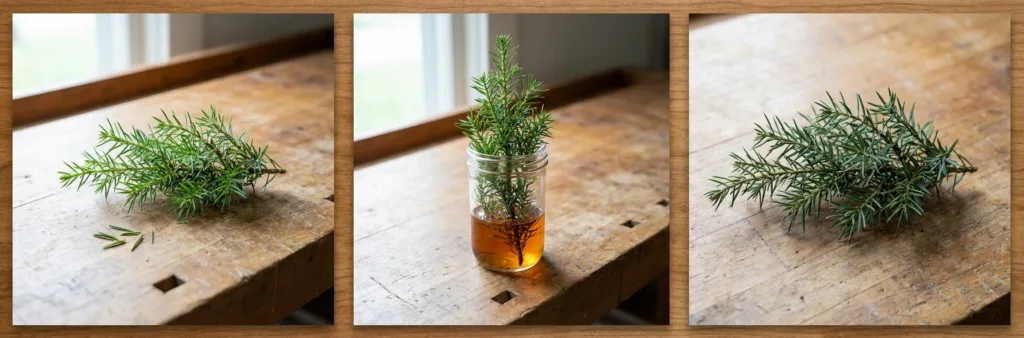 Three stages of preservation side by side: fresh cut foliage, the glycerin soak, and the finished preserved sprig.