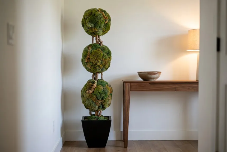 A moss ball topiary on a natural trunk in a black planter beside a walnut console