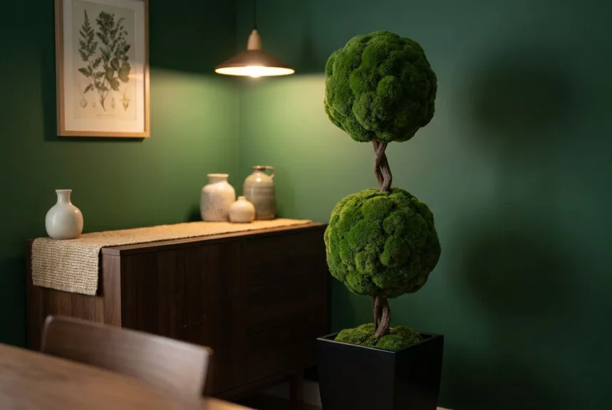 A double moss ball topiary on a twisted trunk beside a sideboard in a dining room
