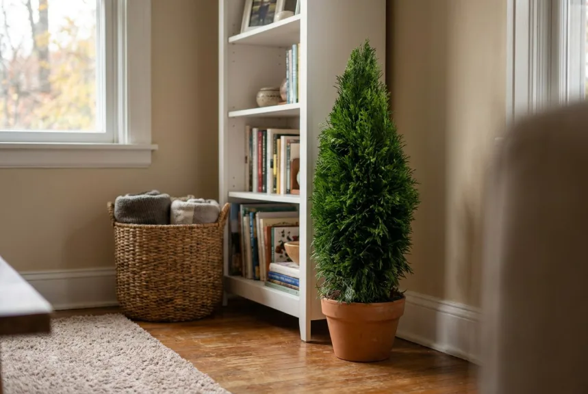 A preserved Emerald Green arborvitae cone in a terracotta pot beside a white bookcase