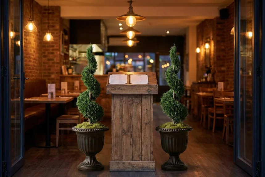 Two preserved juniper spiral topiaries in fluted urns at the inside entrance of a restaurant