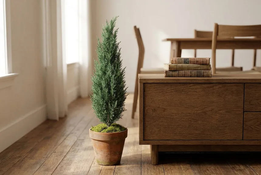 A natural preserved juniper cone in a weathered terracotta pot beside a dining room sideboard
