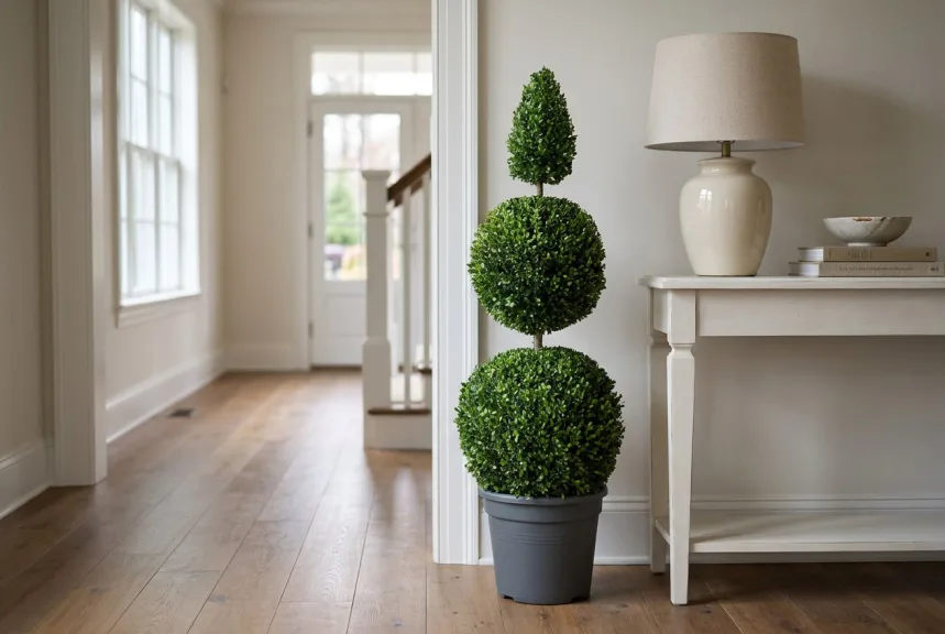 A preserved boxwood double ball and cone topiary in a gray pot beside a hall console