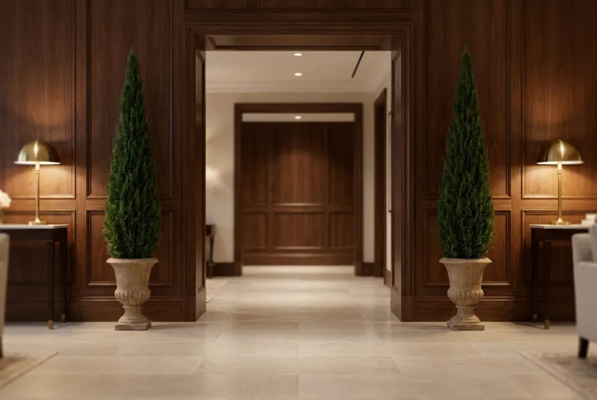 Two preserved juniper cones in stone urns flanking the inside doorway of a hotel lobby