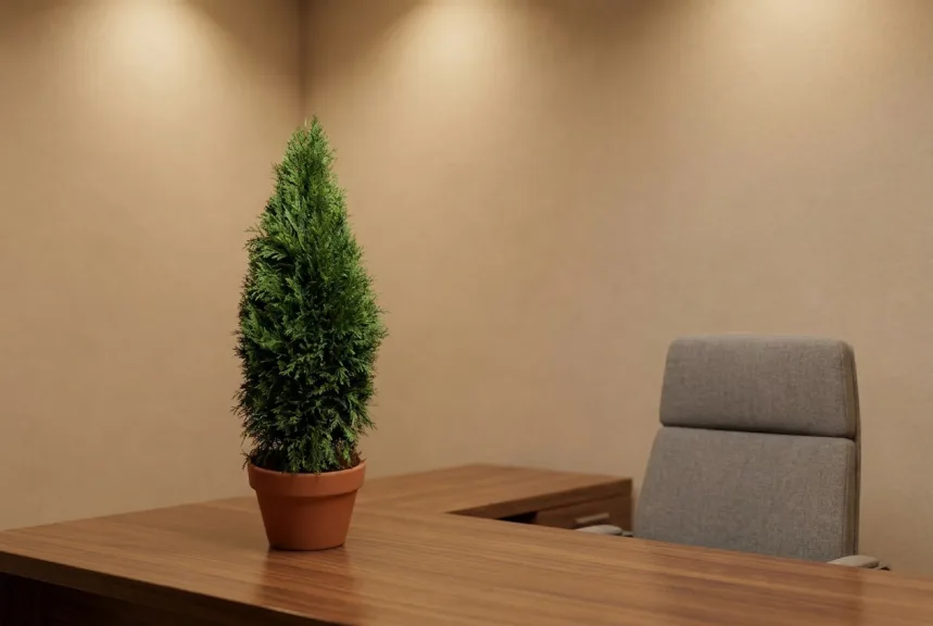 A preserved arborvitae cone in a terracotta pot in the corner of an interior office