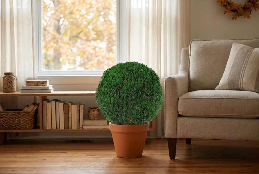 A preserved juniper globe in a terracotta pot beside a linen armchair in a living room