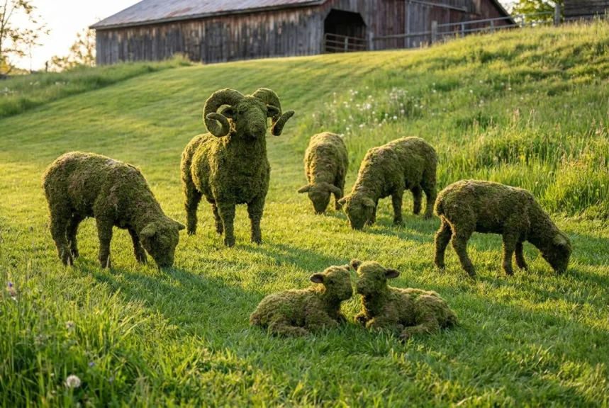 Concept rendering of a mossed hillside flock with a horned ram, grazing ewes and lambs