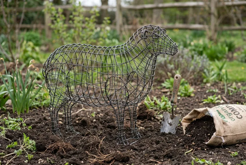 Concept rendering of a bare galvanized wire sheep frame standing in a garden bed