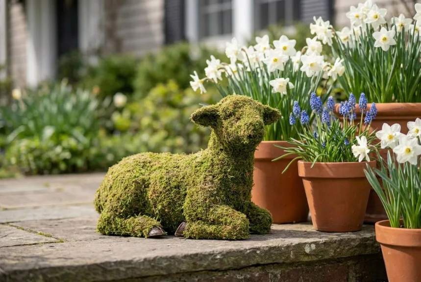 Concept rendering of a small mossed lamb lying on a front step among spring bulbs