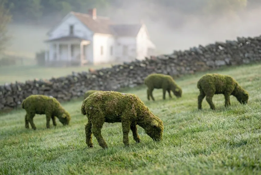 Several mossed sheep topiaries grazing with heads down across a gentle grassy slope