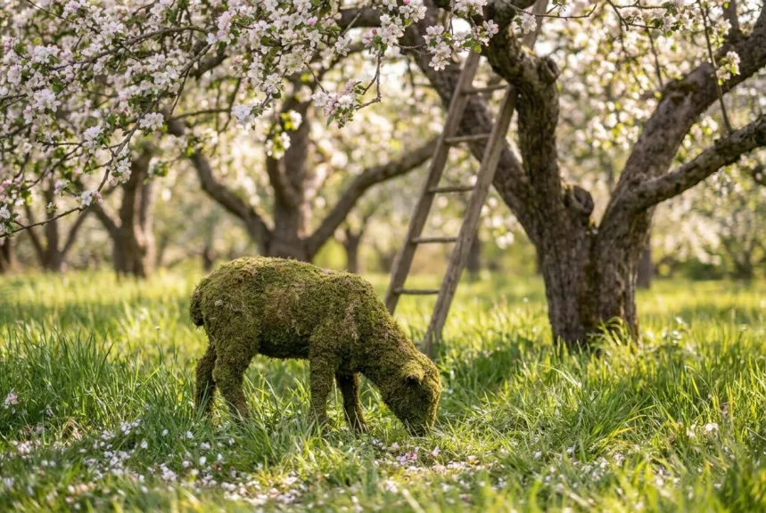 A mossed sheep topiary grazing in long grass under blossoming apple trees