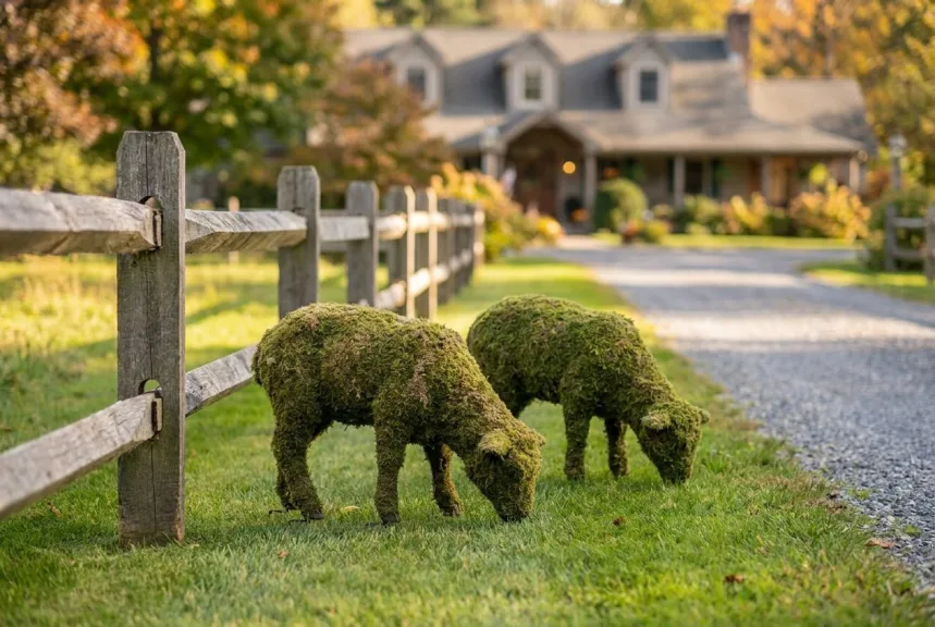 Two mossed sheep topiaries grazing on a lawn beside a split-rail fence and a gravel drive