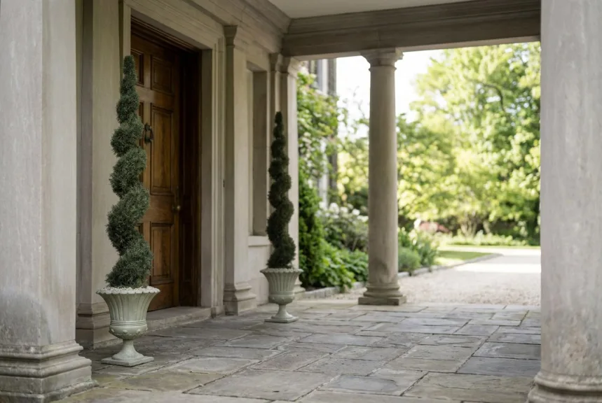 Two tall artificial spiral cypress trees in stone urns under a columned portico