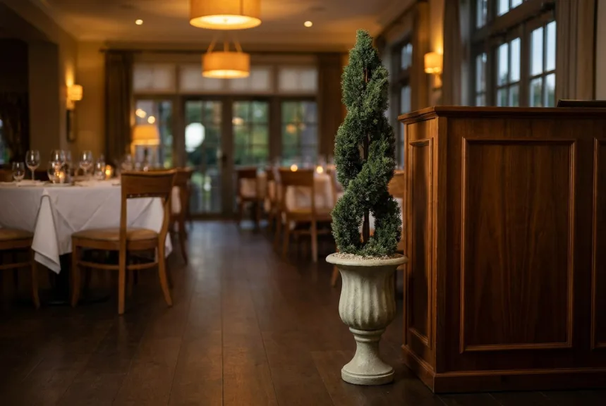 An artificial double spiral cypress in a stone urn at a restaurant entrance