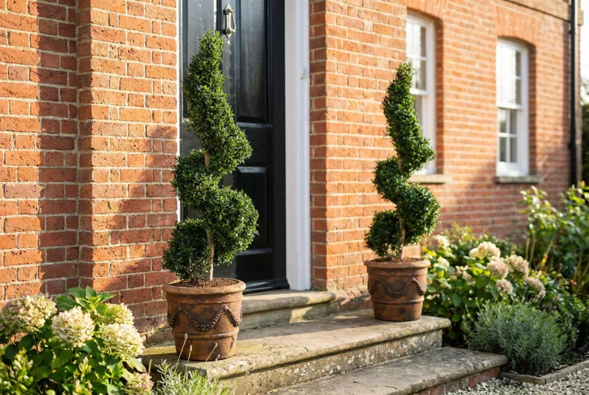 Two artificial boxwood spiral topiaries in terracotta urns beside a black door in sun