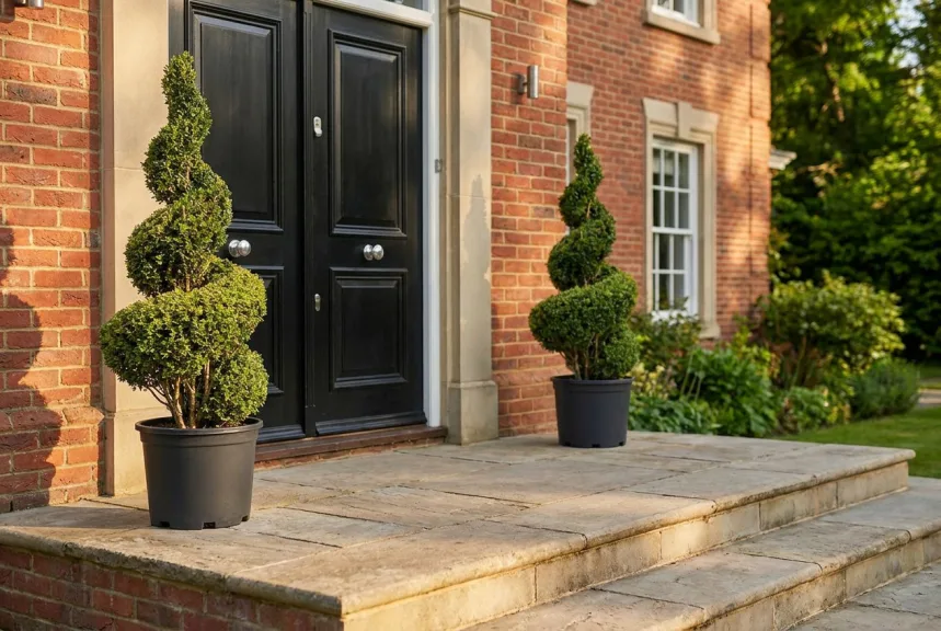 A pair of live boxwood spiral topiaries in pots flanking a brick house's black front doors