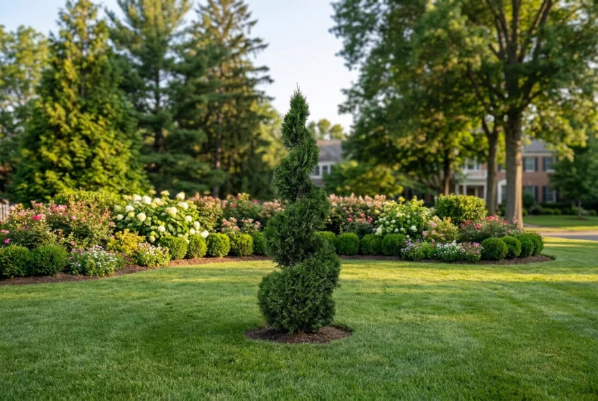 A tall live arborvitae spiral planted at the far end of a wide lawn