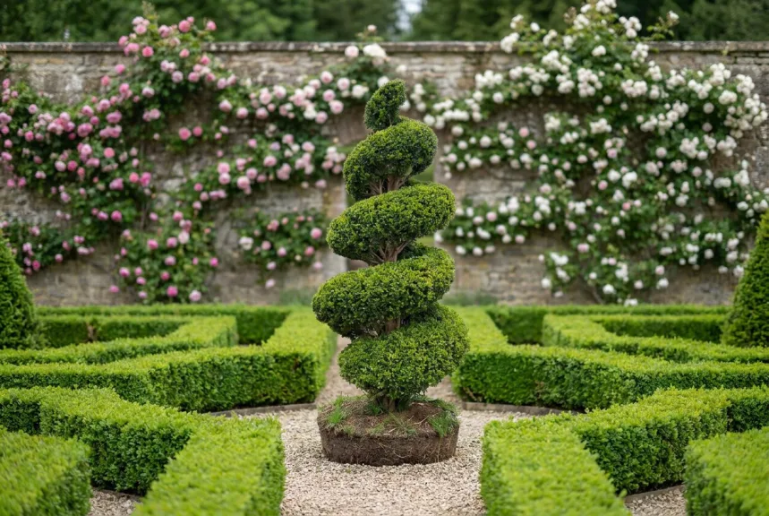 A tall live boxwood spiral at the center of a formal garden of low hedges