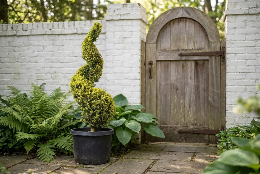 A variegated boxwood spiral in a pot beside a wooden gate in open shade