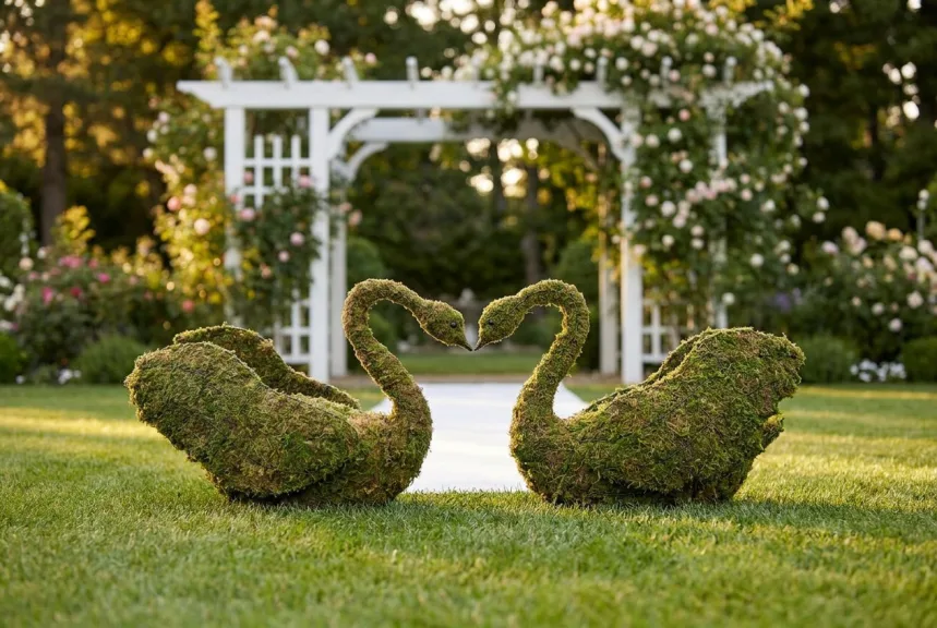 Concept rendering of two mossed swans facing each other so their curved necks form a heart