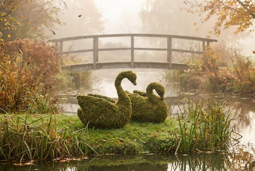 Concept rendering of two large mossed swans on a small island in a garden pond