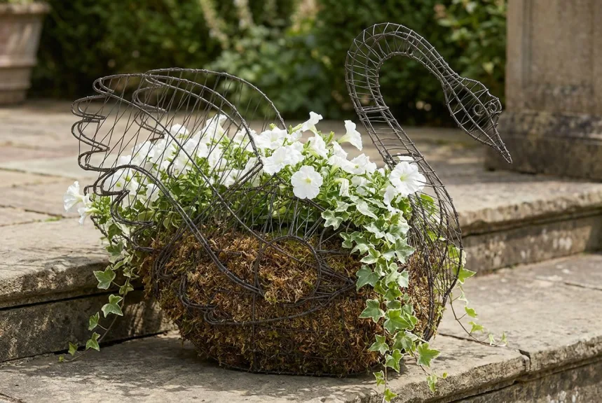 Concept rendering of a bare wire swan frame with an open back planted with trailing flowers