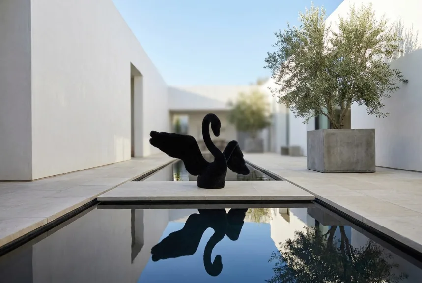 A black turf swan sculpture with raised wings beside a reflecting pool in a modern courtyard