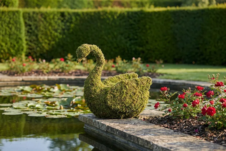 A mossed swan topiary with its neck curved sitting at the edge of a lily pond