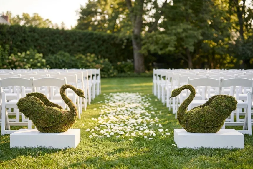 Two mossed swan topiaries facing each other at the start of an outdoor wedding aisle