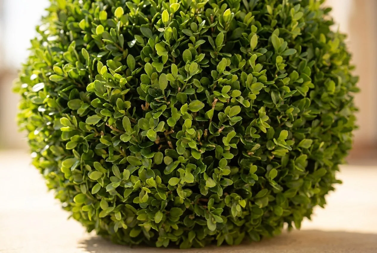 Close-up of artificial boxwood foliage showing several shades of green and mixed leaf sizes on fine stems