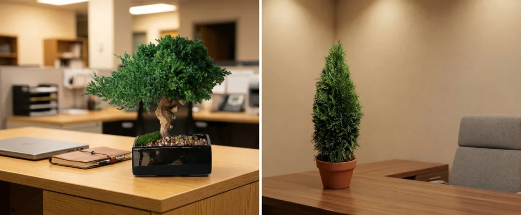 A preserved bonsai in a black glazed pot on an office desk under ceiling lights, and a preserved arborvitae cone in a terracotta pot on the desk of an interior office with no window.