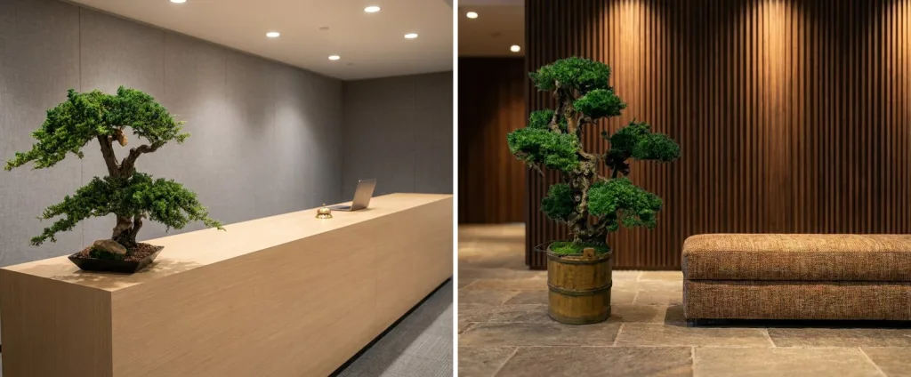 A preserved juniper bonsai in a shallow black tray at one end of a pale oak reception counter in a windowless office lobby, and a tall preserved bonsai on the stone floor of a hotel lobby.