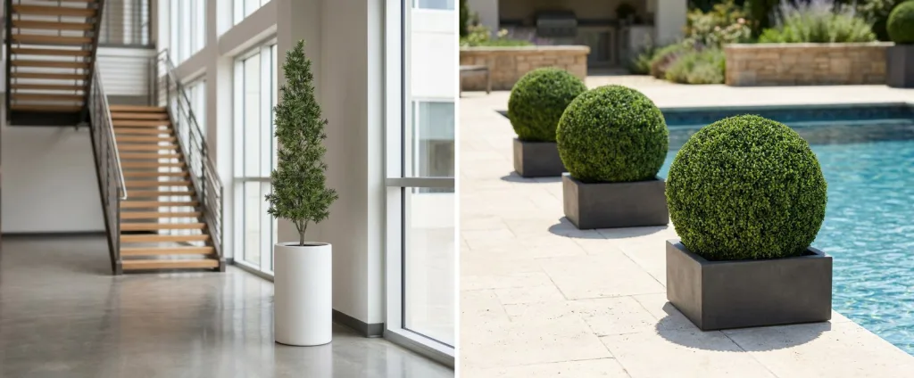 A tall artificial tree in a white planter beside a glass wall in a sunny office lobby, and artificial boxwood balls in gray planters on a sunny pool deck.