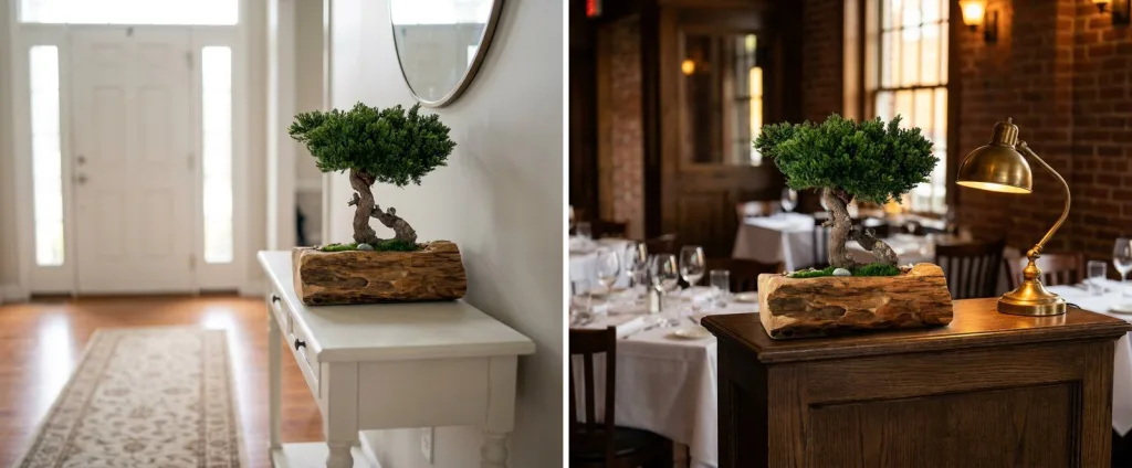 A preserved juniper bonsai in a carved teak bowl filling the top of a narrow white hall console in an entry hall, and the same bonsai on a restaurant host stand.