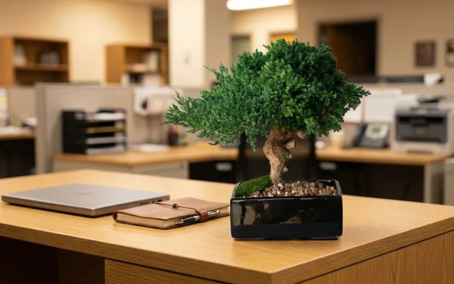 A preserved juniper bonsai in a black glazed pot on the corner of an office desk, beside a closed laptop and a leather notebook.