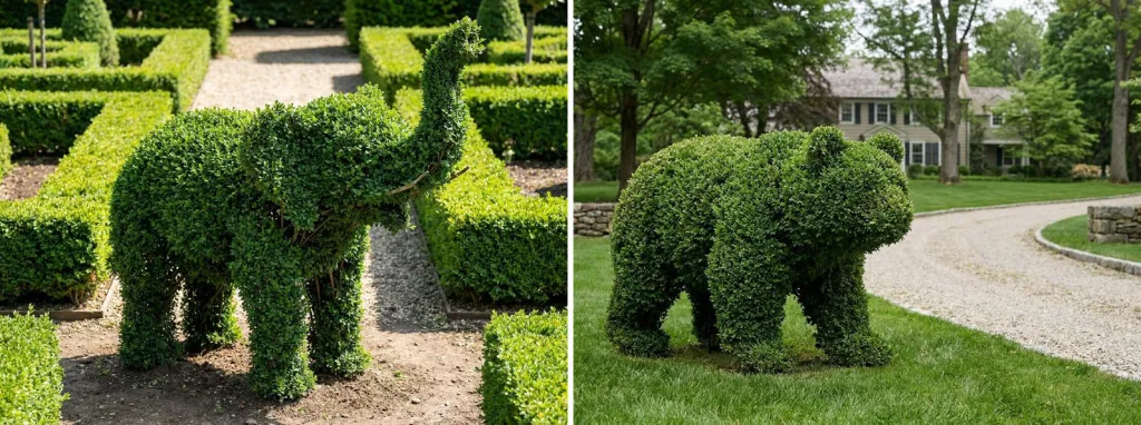 An elephant covered in boxwood foliage standing among clipped hedges in a formal garden, and a boxwood bear on a gravel drive in front of a country house.