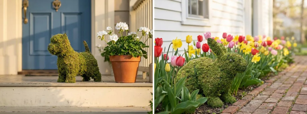 A mossed dog on a porch step beside a blue front door and a pot of geraniums, and a mossed rabbit among tulips beside a brick path.