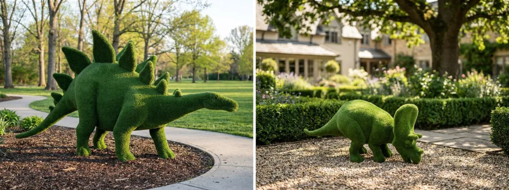 A turf stegosaurus in a mulched bed beside a park path, and a turf triceratops on gravel in a formal garden.