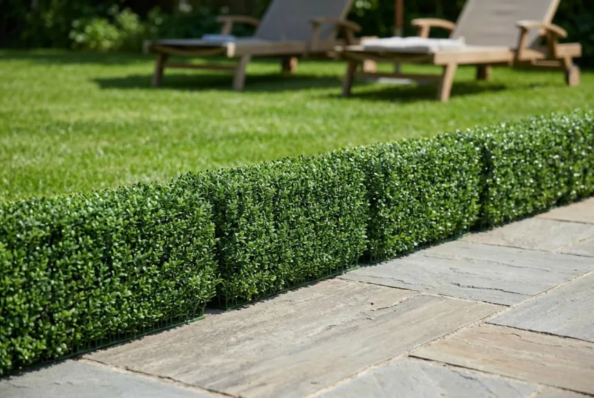 A row of low artificial boxwood hedge sections edging a bluestone patio in sun