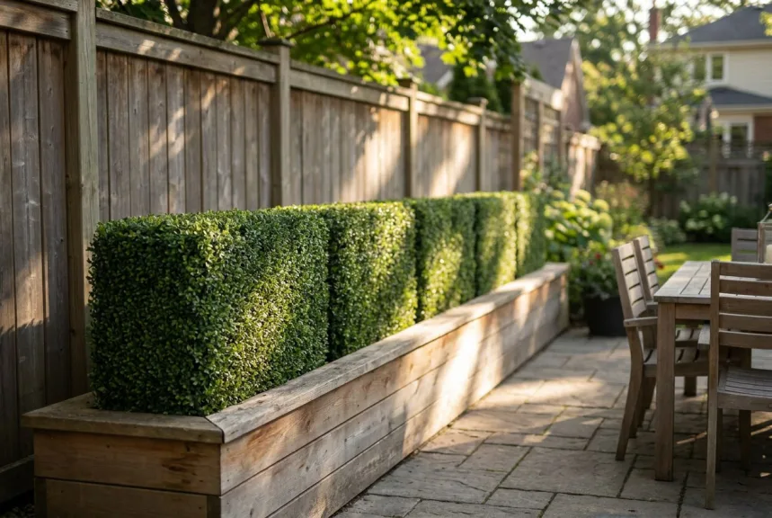 Artificial boxwood hedge sections in a raised cedar planter screening a backyard patio