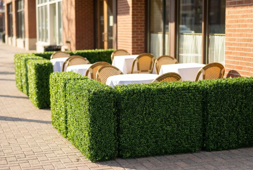 Artificial boxwood hedge sections enclosing the sidewalk dining area of a bistro