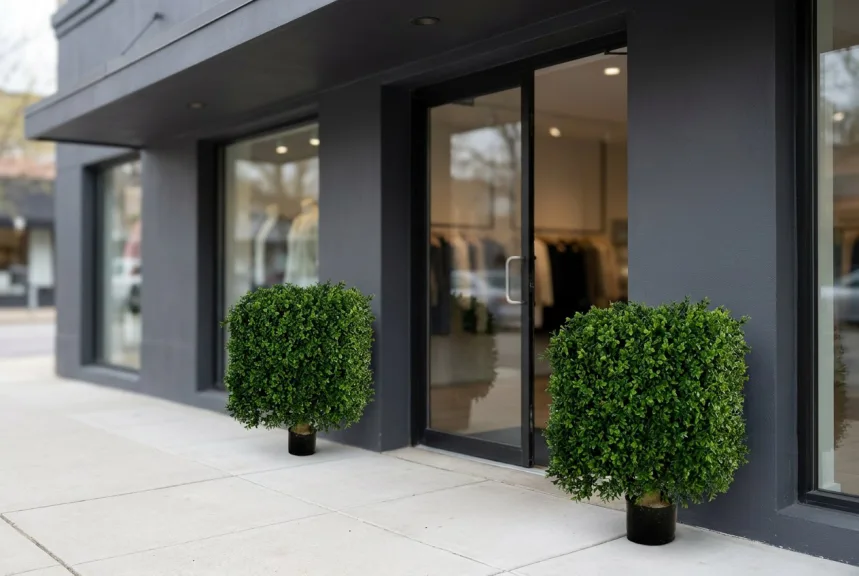 Two artificial boxwood square topiaries beside the door of a modern gray boutique