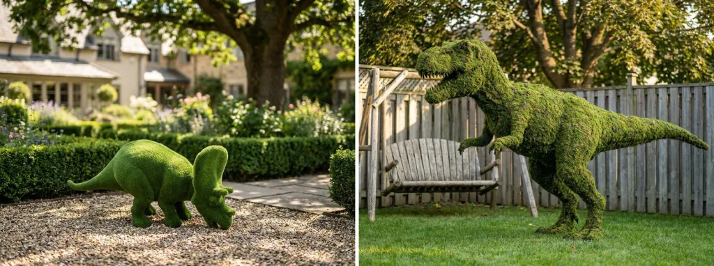 A turf triceratops on gravel in a formal garden, and a mossed T-Rex striding across a backyard lawn beside a wooden bench.